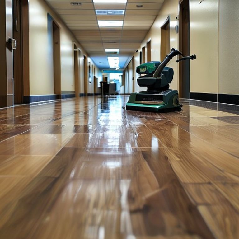 Floor care technician stripping and waxing a VCT floor in a Charlotte NC building