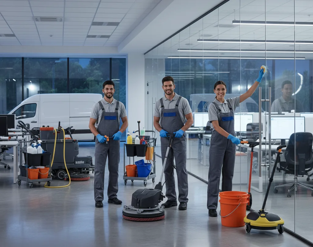 Janitorial crew with cleaning equipment servicing a Concord NC facility